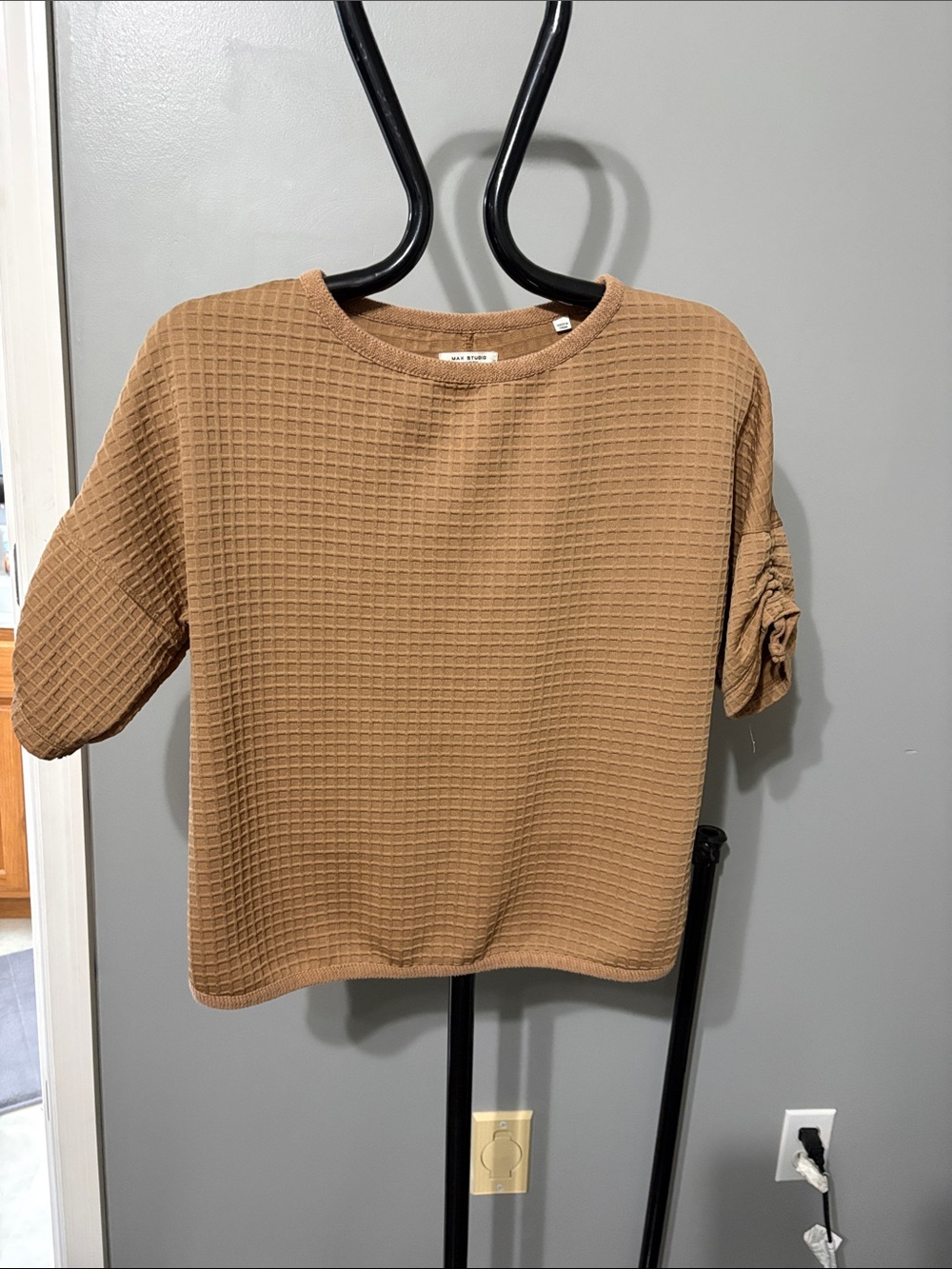 Max Studio Boxy Waffle Short Sleeve Top in Tan